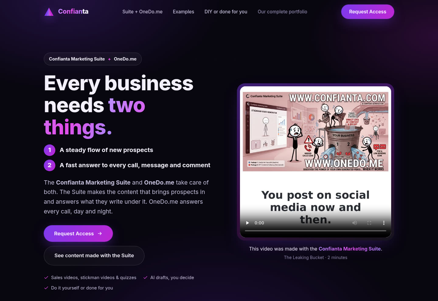 Confianta.com front page: every business needs two things, a steady flow of new prospects and a fast answer to every call, with a video made in the Marketing Suite