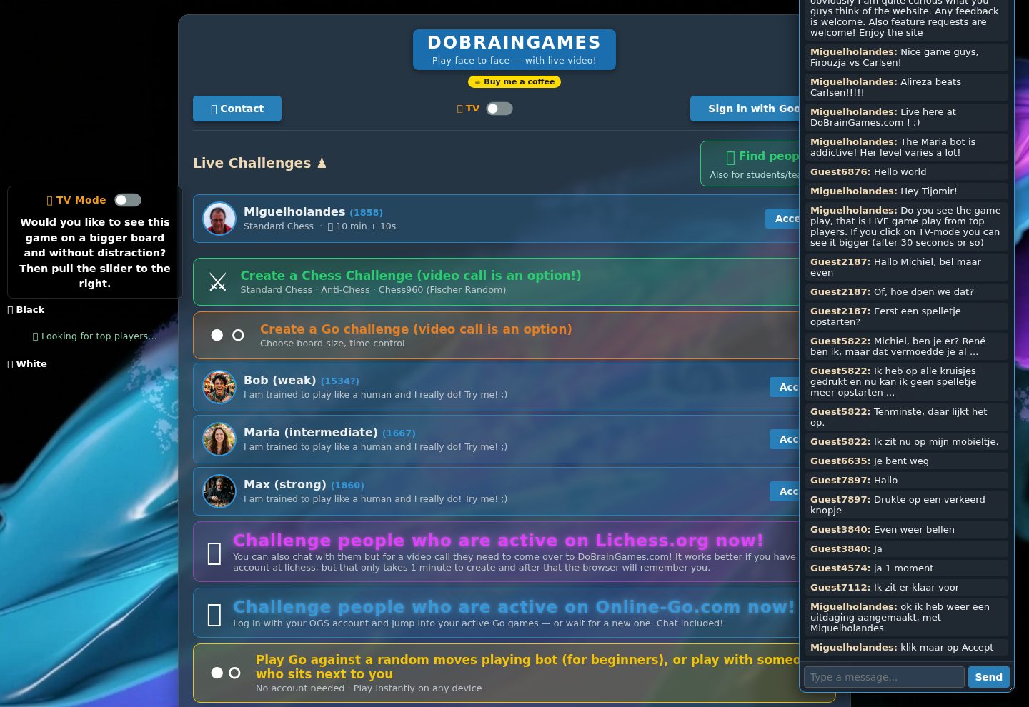 DoBrainGames live challenges lobby with human-like Maia bots, TV mode and integrated chat