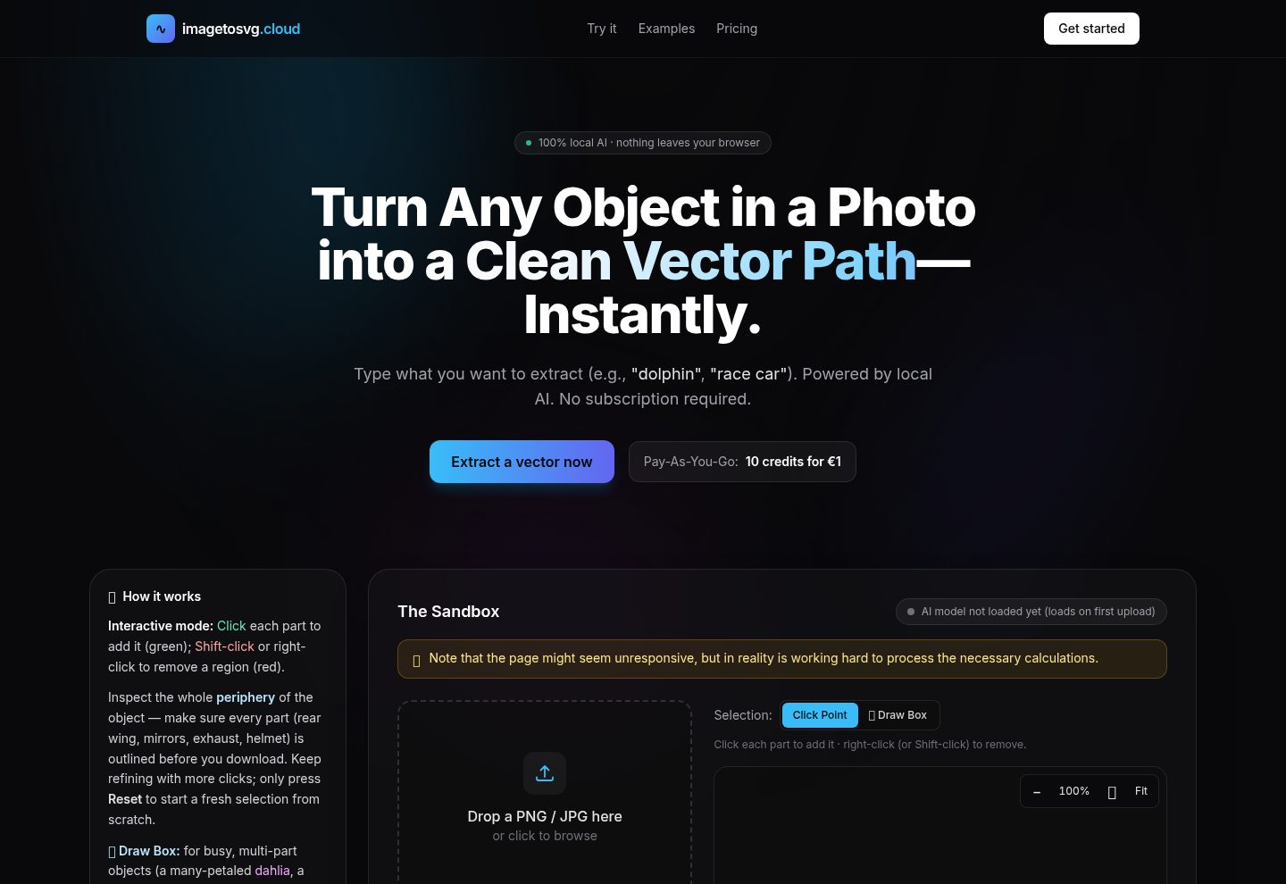 ImagetoSVG.cloud — turn any object in a photo into a clean vector path instantly, with a bounding-box sandbox
