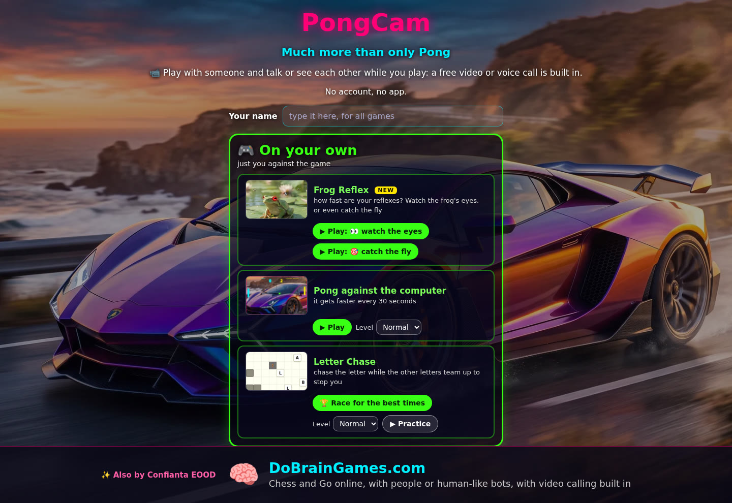 PongCam start screen: Frog Reflex, Pong against the computer and Letter Chase, over a sports car on a coastal road