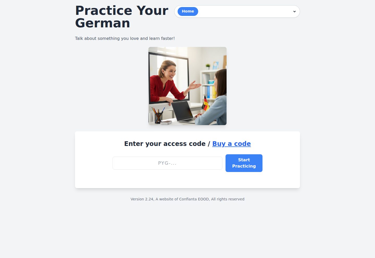 PracticeYourGerman voice-AI learning platform — talk about something you love and learn faster
